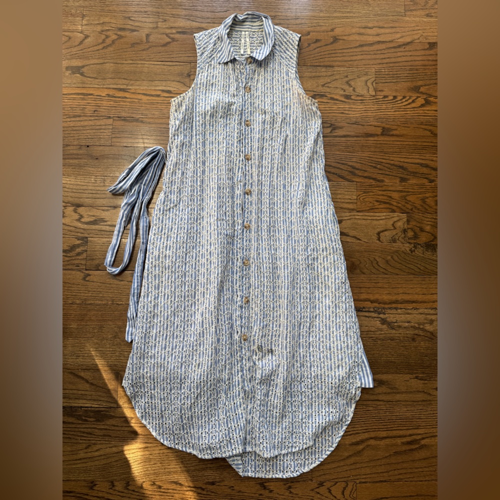 Anthropologie Eyelet Stripe Button Front Midi Dress Blue White Size 6
